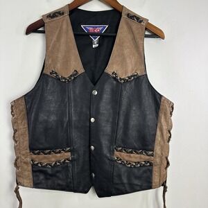 VINTAGE Mob Cowboy Western Leather Vest Mens M Tan Black Riding Braided Snaps